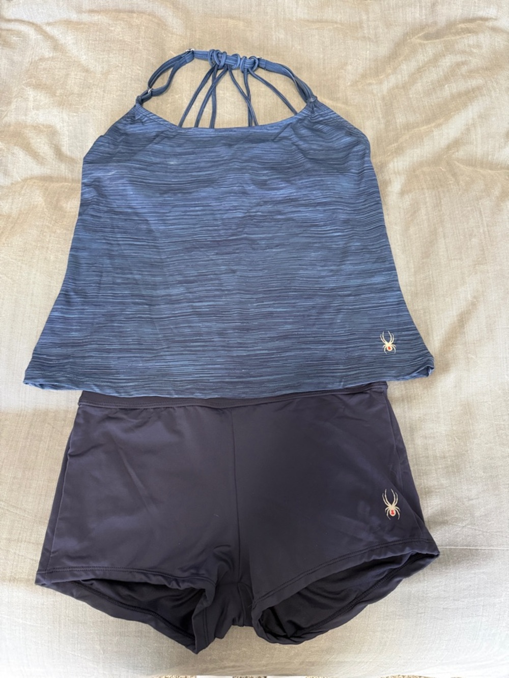 Brand new Spyder Blue 2-piece swimsuit with boy short bottoms